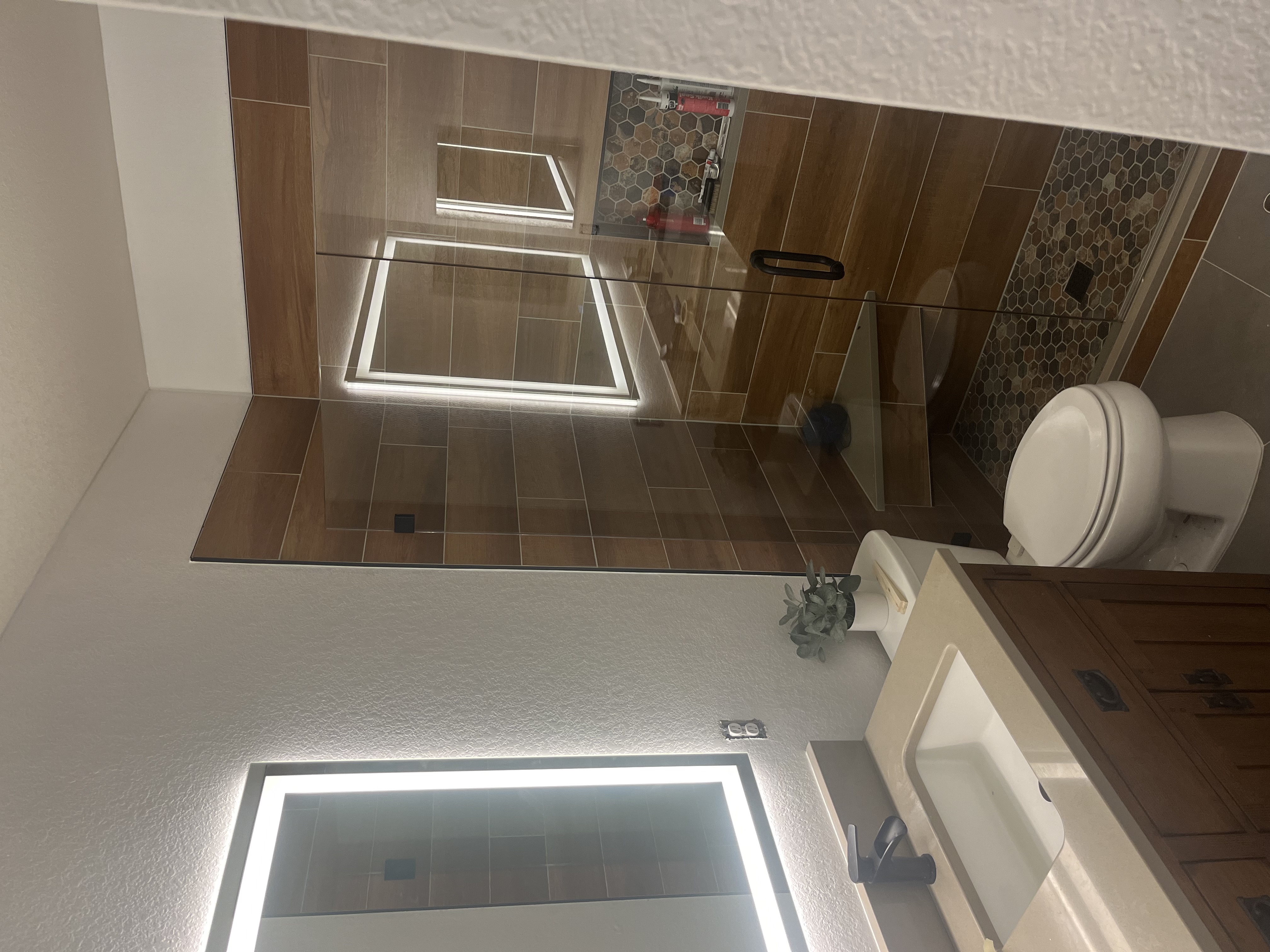 Wood-look tile bathroom